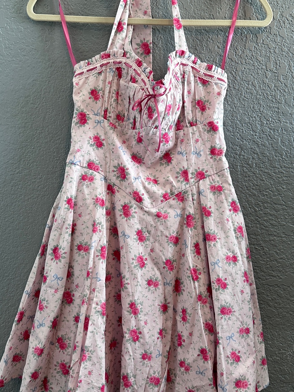 NWT Altar’d State Pink Floral Halter Smocked Back Dress Coquette Cottagecore